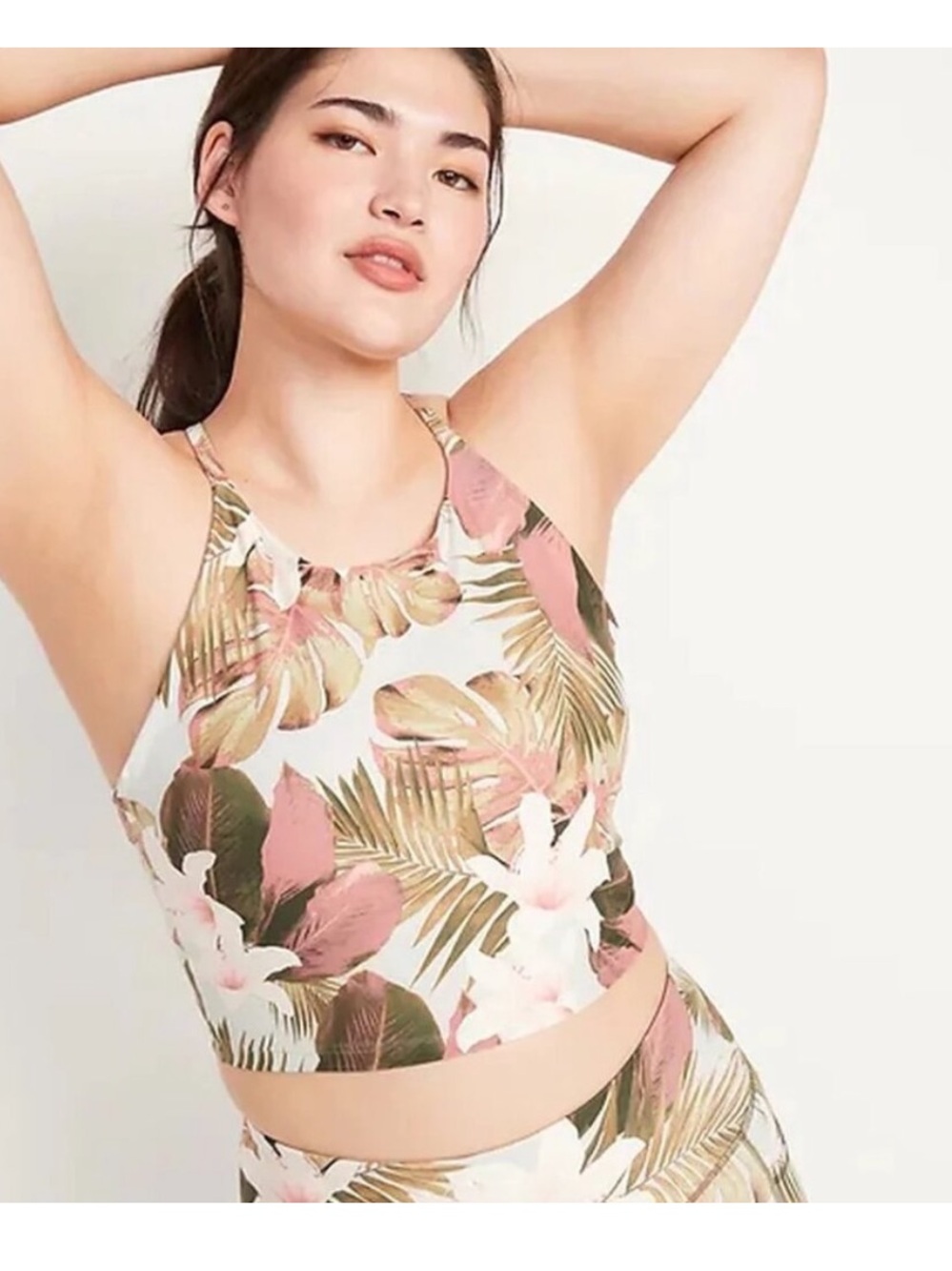 Old Navy Active Tropical Print Crop Top in Cream, Pink & Olive